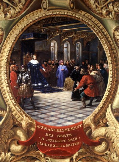 Ludvig X (1289-1316) den sta, kongen av Navarra, gir rett til livegne, 3. juli 1315 (olje) av Jean Alaux