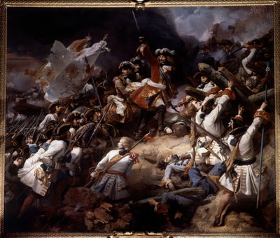 Slaget ved Denain 24. juli 1712 Det ble vunnet av Marechal de Villars over prins Eugene av Savoy. Maleri av Jean Alaux dit le Romain (1786-1864) 1839 søn. 4,65 x 5,43 m av Jean Alaux