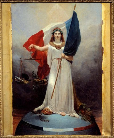 Symbolsk figur av republikken. Allegori som representerer republikken som en kvinne som bærer en laurbærkrans, symbol på fred, holder balanse, symbol på rettferdighet og tricolor flagget. Under foten hans kronen til det knuste monarkiet og de ødelagte lenk av Jean Alphonse Roehn