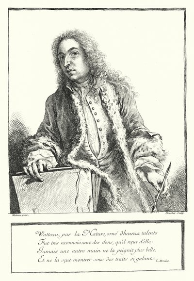 Selvportrett av den franske kunstneren Antoine Watteau (gravering) av Jean Antoine (after) Watteau