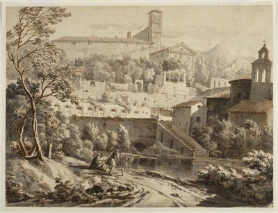 En kunstner som skisserer langs en elvebredd, nedenfor en italiensk by, ca. 1780 (blekk og vask på lagt papir, spor av svart kritt) av Jean Antoine Constantin