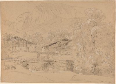 En alpelandsby om sommeren (svart kritt og grafitt fremhevet med hvitt kritt på brunt papir) av Jean Antoine Linck