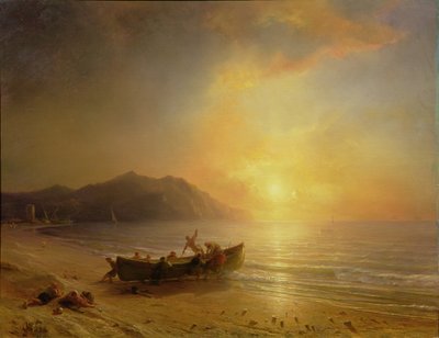 Et kystlandskap med arabiske fiskere som lanserer en båt ved solnedgang av Jean Antoine Theodore Gudin