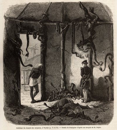 Inne i tempelet til fetisjer slanger, i Wydah, i Dahomey (dagens Benin), tegning av Jean Antoine Foulquier (1822-1896), for å illustrere Dr. Repins reise til Dahomey i 1860. Gravering i "" Le tour du monde" ”, redigert av Edouard Charton av Jean Antoine Valentin Foulquier