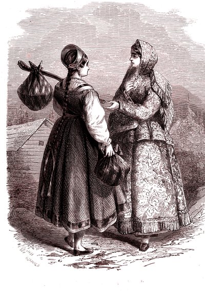 Russland. Kvinner på fjellene Valdaiy. 1865 (gravering) av Jean Antoine Valentin Foulquier
