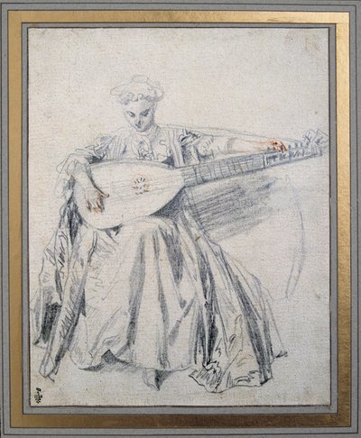 En luttspiller tegner en blygruve og blod av Jean Antoine Watteau (1684-1721) Chantilly-museet Conde fra 1700-tallet av Jean Antoine Watteau