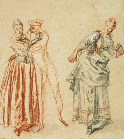 En scene fra commedia dell"arte: En jente som motsetter seg fremskritt fra en komiker, og en skuespillerinne som utfører et skritt, ca. 1718 av Jean Antoine Watteau