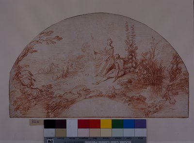 En gjeterinne som sitter med svanen sin (rødt kritt på hvitt papir) av Jean Antoine Watteau
