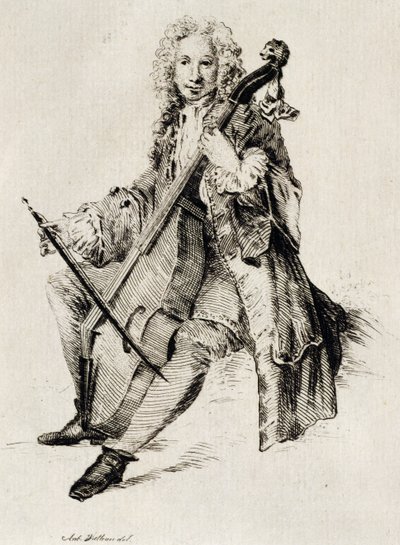 Cellospiller, av Jean Antoine Watteau (1684-1721), gravering, Frankrike av Jean Antoine Watteau