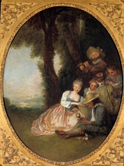 Champetre-konsert eller "" Den forventede erklæringen"". Ungt forelsket par rødmer. Maleri i rokokkostil av Jean Antoine Watteau (1684-1721) av Jean Antoine Watteau