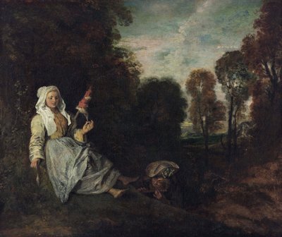 Kveldslandskap med spinner, ca. 1715 (maleri) av Jean Antoine Watteau