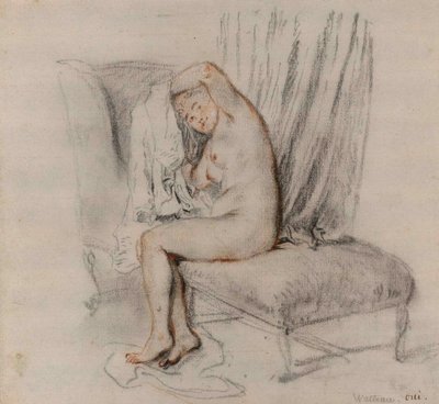 Naken kvinne fjerner kjemien, ca 1717. av Jean Antoine Watteau