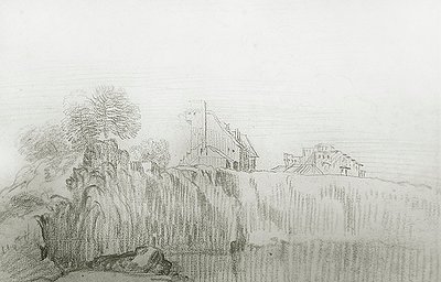 Hus på kanten av en bratt klippe (rødt kritt på papir) av Jean Antoine Watteau