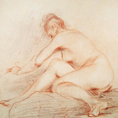 Naken kvinne (kull og rødt kritt på papir) av Jean Antoine Watteau