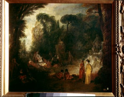Fest i en park Piknik, samtale og tur i skogen. Maleri av Jean Antoine Watteau (1684-1721), rundt 1712-1713. Olje på lerret. Mål: 48x55 cm. Madrid, Prado-museet av Jean Antoine Watteau