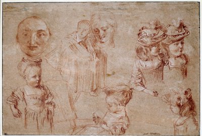 Pierrots maske, fem jenter i byste, en mannsdrapering og en kvinnes ansikt. Tegning av blod- og kritthekker av Jean Antoine Watteau (1684-1721) 1700-tallets søn. 0,27x0,4 m Paris, Musée du Louvre av Jean Antoine Watteau