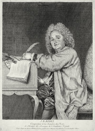 Portrett av Jean-Ferry Rebel (1666-1747) gravert av Moyreau av Jean Antoine Watteau
