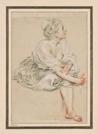 Sittende ung kvinne, ca. 1716 (svart, rødt og hvitt kritt på papir) av Jean Antoine Watteau