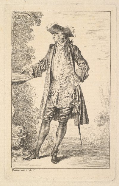 Stående mann med høyre hånd hvilende på et basseng, vist i trekvart sett med..., ca. 1710. av Jean Antoine Watteau