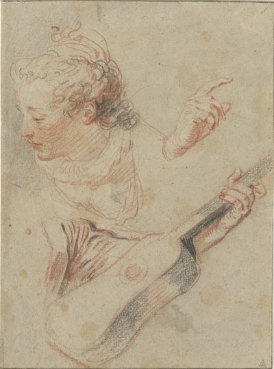 Studieark med et nedslått jentehode, en gitar og hendene som spiller dem av Jean Antoine Watteau