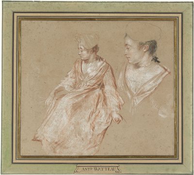 Studier av en sittende kvinne og en detalj av hodet og skuldrene hennes av Jean Antoine Watteau
