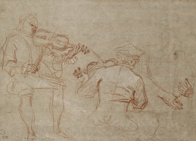 Studie av to fiolinister og et par hender, som holder en arm (rødt og hvitt kritt på papir) av Jean Antoine Watteau