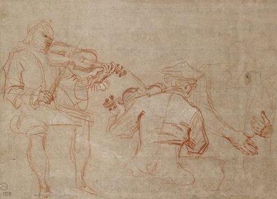 Studie av to fiolinister og et par hender, som holder en arm, til høyre, ca 1716 av Jean Antoine Watteau