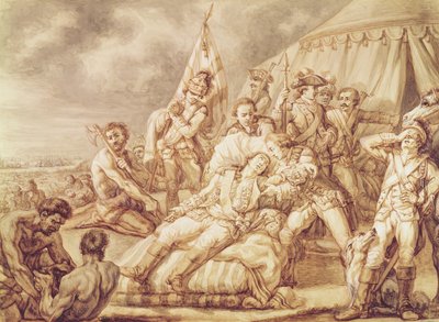 The Death of Marquis de Montcalm de Saint-Veran (1712-59) (penn- og blekkvask med kroppsfarge på papir) av Jean Antoine Watteau