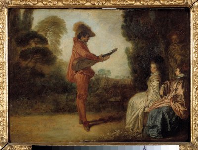 The Enchanting En ung musiker som forfører to unge kvinner med musikken sin. Maleri av Jean Antoine Watteau (1684-1721) av Jean Antoine Watteau