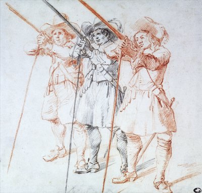 Three Arquebusiers, 1712 (svart og rødt kritt på papir) av Jean Antoine Watteau