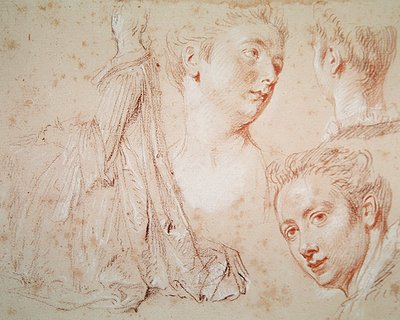 Three Heads and a Seated Woman, ca. 1716 (fargestift med svart og rødt kritt på papir) av Jean Antoine Watteau