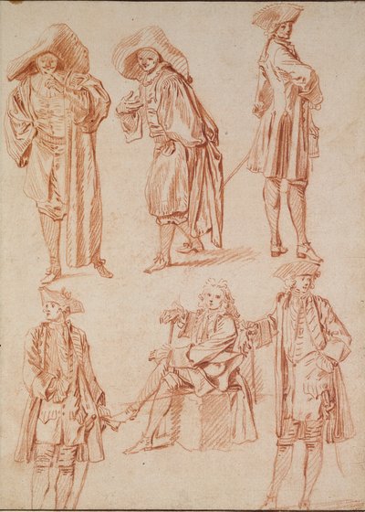 To studier av doktoren i den italienske komedien og fire offiserer, 1700-tallet av Jean Antoine Watteau