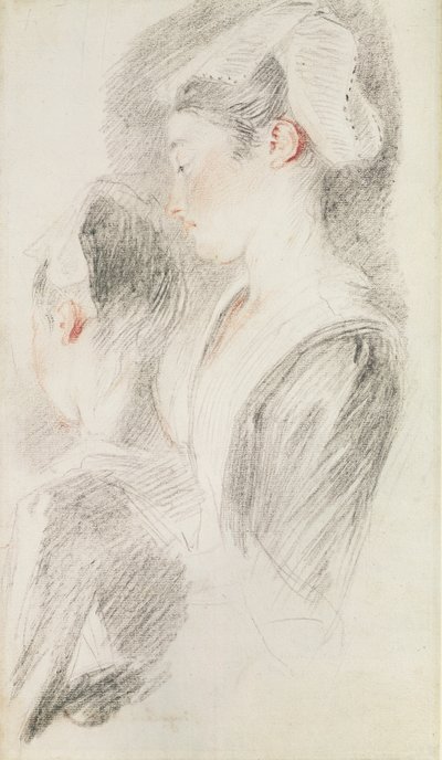 To studier av en kvinne, tre fjerdedeler bakfra, en i profil (sangvinsk og svart kritt på papir) av Jean Antoine Watteau