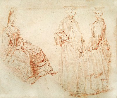 Tre kvinner, en sitter til venstre (rødt kritt på papir) av Jean Antoine Watteau