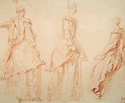 Tre kvinner, en sitter til høyre (rødt kritt på papir) av Jean Antoine Watteau