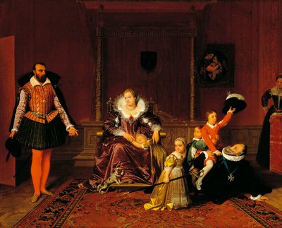 Henry IV overrasket av den spanske ambassadøren mens han lekte med barna sine, av Jean Auguste Dominique Ingres (1780-1867). av Jean Auguste Dominique Ingres