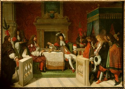 Ludvig XIV og Moliere: Kong Ludvig XIV (1638-1715) og Jean Baptiste Poquelin dit Moliere (1622-1673) til bords foran hoffmennene. Maleri av Jean Auguste Dominique Ingres (1780-1867) av Jean Auguste Dominique Ingres