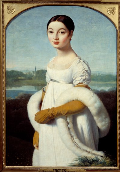 Portrett av frøken Caroline Riviere, den unge kvinnen, er kledd i det første imperiets mote. Maleri av Jean Auguste Dominique Ingres (1780-1867) 1805 Søn. 1x0,7 m - Portrett av Mademoiselle Caroline Riviere: Den unge kvinnen er kledd i mote av Jean Auguste Dominique Ingres