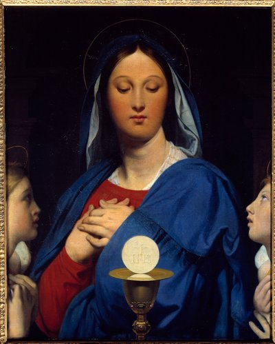 Jomfruen har verten. Symboler for nattverd: Gjenstand for eukaristien (verten som Kristi legeme og kalkens vin som hans blod). Maleri av Jean Auguste Dominique Ingres (1780-1867) av Jean Auguste Dominique Ingres