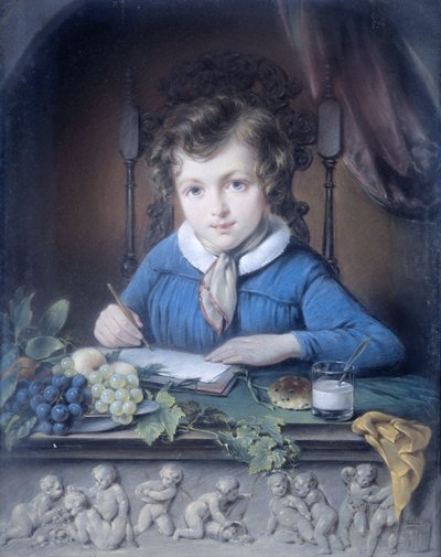 Portrett av en gutt som sitter i en vindusnisje og har på seg en blå jakke av Jean Augustin Daiwaille (attributed to)