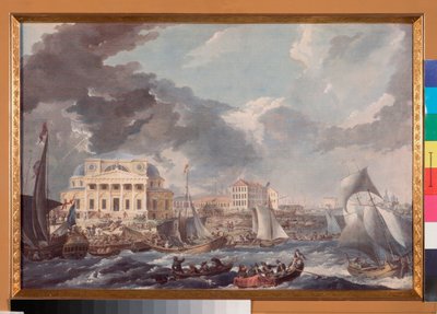 Vue de la Bourse a Saint Petersburg (Utsikt over børsen i St Petersburg) - Verk av Jean Balthazard de la Traverse (andre halvdel av 1700-tallet), akvarell og gouache på papir av Jean Balthazard de la Traverse