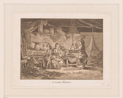 Interiør i en låve med to figurer på en benk og en mann ved bål La Lampe Polonoise (tittel på objekt) av Jean Baptist Leprince