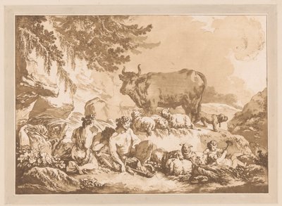 Hvilende satyrer mellom sau og ku i et landskap av Jean Baptist Leprince