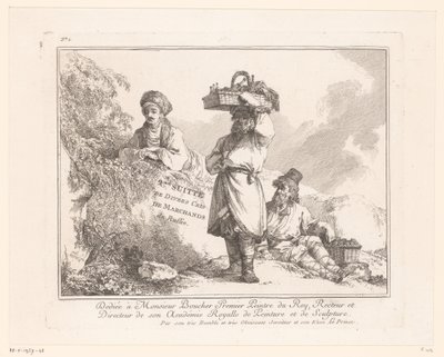 Titteltrykk med tre gateselgere med varene sine nær en stein 2me Suitte de Divers Cris de Marchands de Russie (serietittel på objekt) Russiske gateselgere og handelsmenn (serietittel) av Jean Baptist Leprince