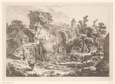 Kvinne foran et fiskerhus med strukket garn av Jean Baptist Leprince
