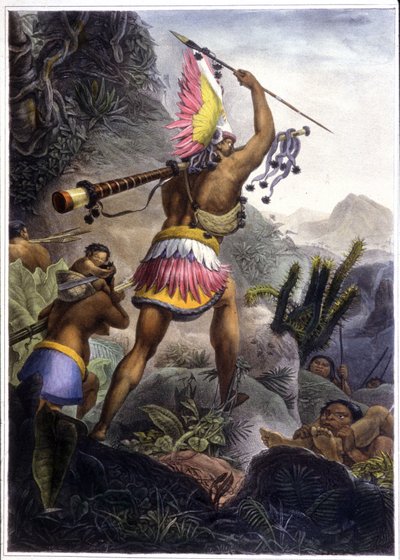 En Coroado-indianer som gir signalet for pensjonisttilværelse, 1839 (farge litho) av Jean Baptiste (after) Debret