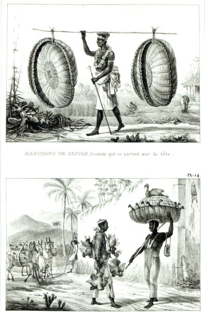 Hodekurver og en fjærfeselger, fra "Picturesque and Historical Journey to Brazil" av Jean Baptiste (after) Debret