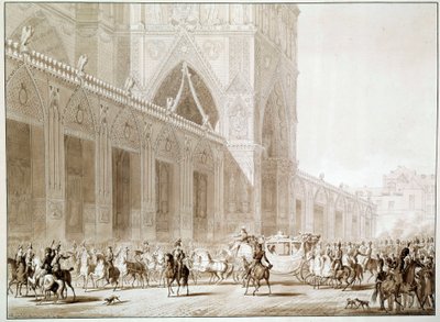 Ankomsten i vogn av keiser Napoleon I (1769-1821) og Impress Josephine de Beauharnais (1763-1814) ved katedralen Notre Dame de Paris på dagen for det hellige trykk etter "The Book of the Sacred" av Jean Baptiste Isabey ( 1767-1855) 1800-tallet av Jean Baptiste (after) Isabey