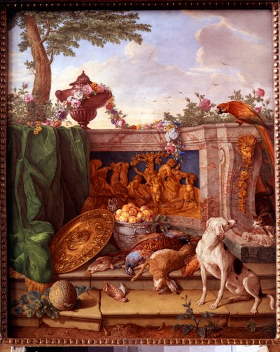 Plakett som viser jaktene til Ludvig XVI (1754-1793): detalj som representerer et hundeholdende vilt. Maleri på porselen av Philippe Castel (ca. 1746-1797) av Jean Baptiste Oudry (1686-1755) 1778-1781 Søn. 0,39x0,49 m Versailles, musee du chateau. av Jean Baptiste (after) Oudry