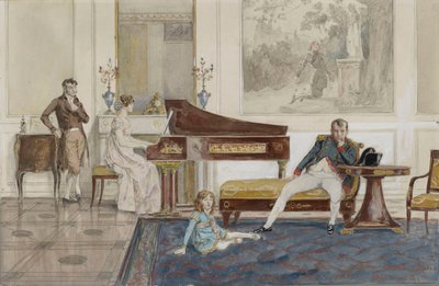 Første fremføring av 'Leaving for Syria' foran Napoleon, sønnen hans og Comte de Laborde (grafitt, akvarell og kroppsfarge forsterket med hvitt på papir) av Jean Baptiste (attr. to) Isabey